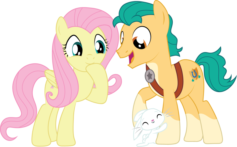 Size: 1953x1208 | Tagged: safe, artist:prixy05, derpibooru import, angel bunny, fluttershy, hitch trailblazer, earth pony, pegasus, pony, rabbit, g5, animal, g4, g5 to g4, generation leap, hitch and his heroine, image, png, simple background, transparent background, trio, vector