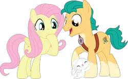 Size: 1953x1208 | Tagged: safe, artist:prixy05, derpibooru import, angel bunny, fluttershy, hitch trailblazer, earth pony, pegasus, pony, rabbit, g5, animal, g4, g5 to g4, generation leap, hitch and his heroine, image, png, simple background, transparent background, trio, vector