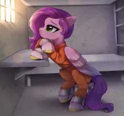 Size: 925x864 | Tagged: safe, artist:anku, derpibooru import, pipp petals, pegasus, pony, g5, bed, chains, clothes, female, image, jail, jail cell, jpeg, jumpsuit, mare, prison, prison outfit, solo, stool