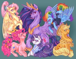 Size: 3300x2550 | Tagged: safe, artist:ashley-the-muffin, derpibooru import, applejack, fluttershy, pinkie pie, princess twilight 2.0, rainbow dash, rarity, twilight sparkle, twilight sparkle (alicorn), alicorn, earth pony, pegasus, pony, unicorn, the last problem, female, group shot, image, mane six, mare, older, older applejack, older fluttershy, older pinkie pie, older rainbow dash, older rarity, older twilight, png, signature, simple background, smiling