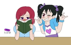 Size: 1024x643 | Tagged: safe, artist:stella-exquisa, derpibooru import, pinkie pie, twilight sparkle, human, equestria girls, anime, blushing, book, clothes, cosplay, costume, devil horn (gesture), duo, female, grin, image, jpeg, lesbian, love live!, love live! school idol project, maki nishikino, nico yazawa, one eye closed, shipping, simple background, smiling, twinkie, white background, wink