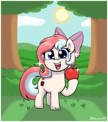 Size: 1728x1944 | Tagged: safe, artist:heretichesh, derpibooru import, oc, oc:fizzie, unofficial characters only, earth pony, pony, apple, bow, cute, eye clipping through hair, eyebrows, eyebrows visible through hair, female, filly, foal, food, hair bow, image, looking at you, ocbetes, open mouth, open smile, png, signature, smiling, smiling at you, solo, sparkles