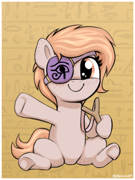 Size: 1180x1574 | Tagged: safe, artist:heretichesh, derpibooru import, oc, oc:sandy sling, unofficial characters only, earth pony, pony, cute, egyptian, egyptian pony, eyepatch, female, filly, foal, hieroglyphics, image, looking at you, ocbetes, png, sitting, slingshot, smiling, smiling at you, solo, underhoof, waving, waving at you