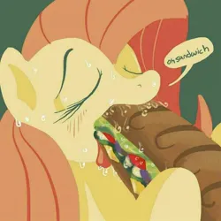 Size: 600x600 | Tagged: suggestive, artist:docwario, derpibooru import, fluttershy, pegasus, pony, blushing, drool, eating, eyes closed, female, food, foodplay, green background, hoof hold, image, jpeg, lewd, lineless, mare, moaning, not porn, sandwich, simple background, solo, solo female, speech bubble, suggestive eating, sweat, tongue out, wat