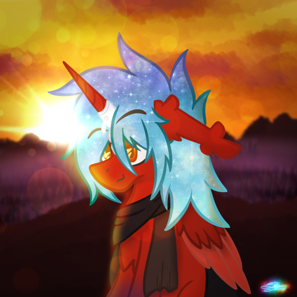 Size: 2048x2048 | Tagged: safe, artist:linkle, derpibooru import, oc, oc:coasters, alicorn, bust, clothes, ethereal hair, horn, horn ring, image, jewelry, png, ring, scarf, sunset