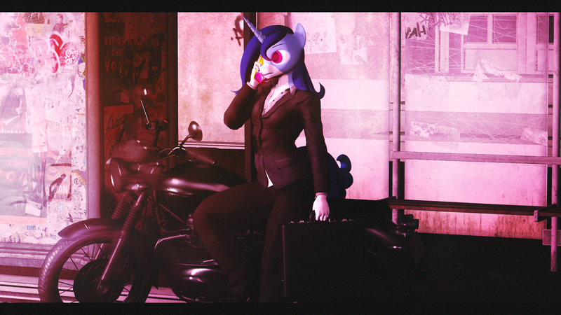 Size: 3840x2160 | Tagged: safe, artist:ianmata1998, derpibooru import, oc, oc:crystal glaze, anthro, unicorn, 3d, briefcase, effects, femboy, girly, image, male, motorcycle, png, solo, source filmmaker, talking