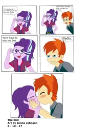 Size: 1024x1451 | Tagged: safe, artist:stella-exquisa, derpibooru import, starlight glimmer, sunburst, human, equestria girls, blushing, clothes, comic, dialogue, duo, equestria girls-ified, eyes closed, female, glasses, glasses off, image, jpeg, kiss on the lips, kissing, male, shipping, simple background, smiling, starburst, straight, white background