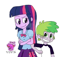 Size: 947x844 | Tagged: safe, artist:stella-exquisa, derpibooru import, spike, twilight sparkle, human, equestria girls, clothes, duo, female, grin, human spike, humanized, image, male, nudge, png, simple background, smiling, story included, transparent background