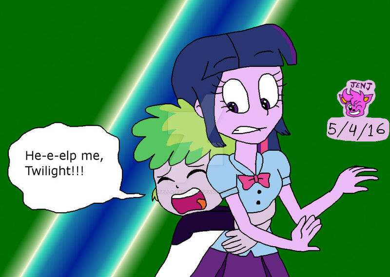 Size: 1024x727 | Tagged: safe, artist:stella-exquisa, derpibooru import, spike, twilight sparkle, human, equestria girls, clothes, cringing, deviantart watermark, dialogue, duo, english, female, gradient background, grimace, human spike, humanized, image, implied shipping, implied spikebelle, implied straight, jpeg, male, obtrusive watermark, pinpoint eyes, surprise hug, watermark, yelling