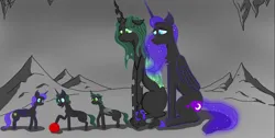 Size: 1643x828 | Tagged: safe, artist:nismorose, derpibooru import, nightmare moon, queen chrysalis, alicorn, changeling, changeling queen, nymph, pony, ball, cave, cheek fluff, chest fluff, chrysmoon, cute, ear fluff, ethereal hair, ethereal mane, ethereal tail, family, female, filly, foal, horn, image, insect wings, jpeg, lesbian, lesbian couple, lying down, mare, parent, parent:nightmare moon, parent:queen chrysalis, parents:chrysmoon, playing, shipping, sitting, sleeping, slit pupils, smiling, starry mane, starry tail, tail, wings