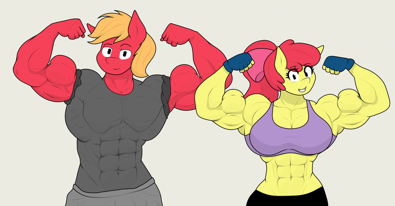 Size: 2655x1388 | Tagged: safe, artist:matchstickman, derpibooru import, apple bloom, big macintosh, anthro, earth pony, pony, abs, apple bloom's bow, apple brawn, armpits, bicep flex, biceps, bow, breasts, busty apple bloom, clothes, duo, female, fingerless gloves, flexing, gloves, great macintosh, hair bow, image, looking at you, male, mare, matchstickman's apple brawn series, muscles, muscular female, muscular male, older, older apple bloom, pecs, png, simple background, stallion, tan background, triceps