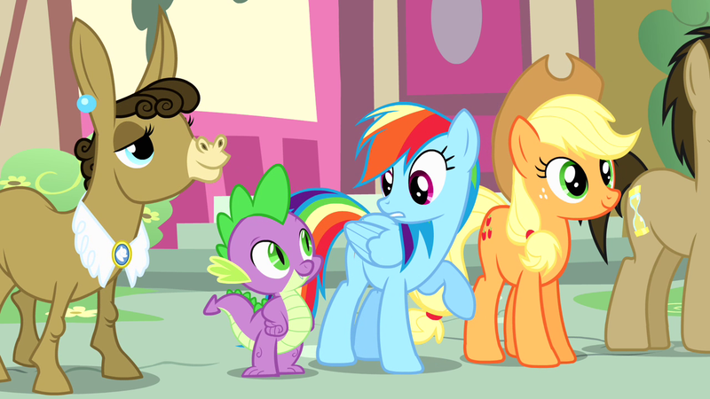 Size: 1280x720 | Tagged: safe, derpibooru import, screencap, applejack, doctor whooves, rainbow dash, spike, time turner, donkey, dragon, pony, pinkie pride, image, png