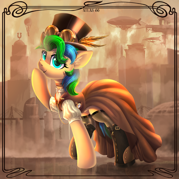 Size: 5000x5000 | Tagged: safe, artist:atlas-66, derpibooru import, oc, unofficial characters only, pony, airship, clothes, dress, goggles, hat, image, png, solo, steampunk, top hat