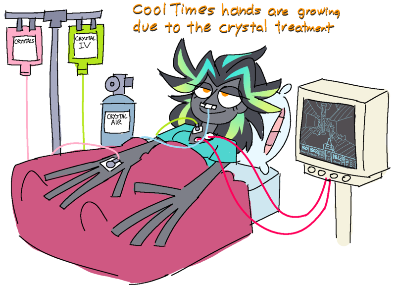Size: 1412x1026 | Tagged: safe, artist:threetwotwo32232, derpibooru import, oc, oc:cool time, unofficial characters only, human, bed, crystal treatment, doom, female, hospital, humanized, image, png, simple background, solo, transparent background