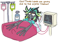 Size: 1412x1026 | Tagged: safe, artist:threetwotwo32232, derpibooru import, oc, oc:cool time, unofficial characters only, human, bed, crystal treatment, doom, female, hospital, humanized, image, png, simple background, solo, transparent background