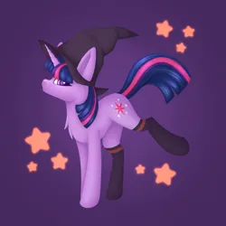 Size: 3000x3000 | Tagged: safe, artist:artsyplanetz, derpibooru import, twilight sparkle, pony, unicorn, backwards cutie mark, chest fluff, clothes, female, halloween, hat, holiday, horn, image, looking at you, mare, png, smiling, socks, solo, stars, thigh highs, unicorn twilight, witch hat