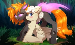 Size: 5000x3000 | Tagged: safe, artist:ask-colorsound, derpibooru import, oc, oc:clarity heart, oc:cornetto, unofficial characters only, changeling, pegasus, blushing, glow, glowing eyes, image, male, png, sitting, teasing