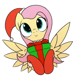 Size: 3000x3000 | Tagged: safe, artist:superderpybot, ponybooru import, fluttershy, pegasus, pony, christmas, clothes, cute, female, gift giving, hat, head tilt, holiday, image, looking at you, looking up, mare, png, present, ribbon, santa hat, simple background, smiling, smiling at you, socks, solo, spread wings, transparent background, wings