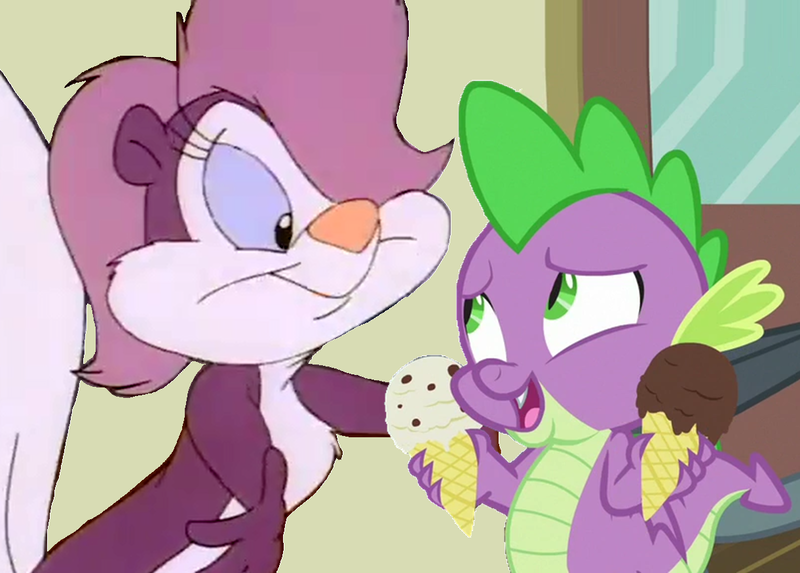 Size: 1221x874 | Tagged: artist needed, safe, derpibooru import, edit, edited screencap, screencap, spike, dragon, skunk, dragon dropped, animal, animated, artifact, crossover, crossover shipping, date, fifi la fume, food, ice cream, image, love, png, relationship, shipping, tiny toon adventures