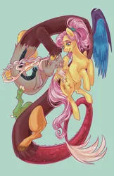Size: 3300x5100 | Tagged: safe, artist:ashley-the-muffin, derpibooru import, discord, fluttershy, draconequus, pegasus, pony, discoshy, duo, female, flying, image, looking at each other, looking at someone, male, mare, older, older fluttershy, png, shipping, simple background, smiling, straight