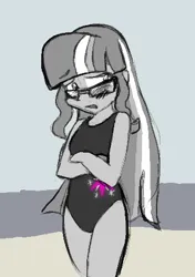 Size: 331x470 | Tagged: safe, artist:zutcha, derpibooru import, sci-twi, twilight sparkle, human, equestria girls, beach, clothes, crossed arms, female, image, looking away, loose hair, one-piece swimsuit, partial color, png, solo, swimsuit