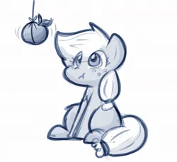 Size: 1172x1075 | Tagged: safe, artist:zutcha, derpibooru import, applejack, earth pony, pony, :t, apple, eye clipping through hair, female, food, hatless, image, jpeg, looking at something, looking up, mare, missing accessory, monochrome, simple background, solo, string, that pony sure does love apples, white background