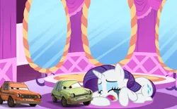 Size: 875x543 | Tagged: safe, derpibooru import, rarity, pony, unicorn, car, cars (pixar), cars 2, crying, female, grem and acer, image, male, mare, png, wat