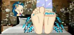 Size: 4025x1914 | Tagged: safe, artist:wallflowerblusheqg, derpibooru import, indigo zap, human, equestria girls, friendship games, background, barefoot, base, base used, bed, clothes, dancing, feet, female, fetish, foot fetish, foot focus, goggles, image, jpeg, legs, nail polish, pajamas, pictures of legs, simple background, soles, solo, toes, wiggling toes