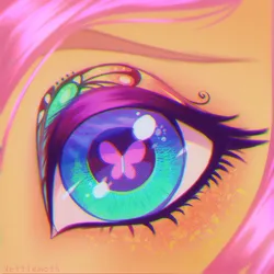 Size: 1000x1000 | Tagged: safe, artist:nettlemoth, derpibooru import, fluttershy, pegasus, pony, close-up, cutie mark eyes, detailed, extreme close up, eyeshadow, female, image, jpeg, looking at you, makeup, mare, solo, wingding eyes