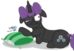 Size: 4400x3050 | Tagged: safe, artist:hexals, derpibooru import, oc, oc:hexaline equeeb, unofficial characters only, pony, unicorn, base used, black coat, cutie mark, floppy ears, glasses, image, lying down, messy mane, messy tail, pillow, png, purple eyes, purple mane, purple tail, simple background, solo, tail, tail wrap, transparent background