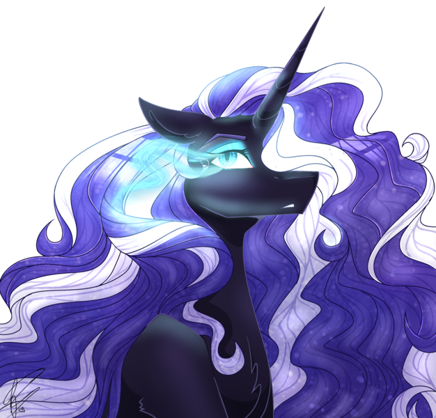 Size: 2500x2397 | Tagged: safe, artist:thatexplicitboyo, derpibooru import, nightmare rarity, pony, unicorn, beautiful, blue eyes, bust, chest fluff, digital art, ear fluff, ethereal mane, eyelashes, eyeshadow, female, flowing mane, g4, glow, glowing eyes, high res, horn, image, lidded eyes, long mane, looking at you, makeup, mare, open mouth, png, portrait, purple mane, redraw, signature, simple background, solo, sparkles, starry mane, stars, transparent background