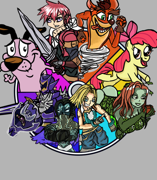 Size: 680x782 | Tagged: safe, artist:obdarena, derpibooru import, apple bloom, earth pony, pony, adol christin, color wheel, color wheel challenge, courage (character), courage the cowardly dog, crash bandicoot, crash bandicoot (series), dc comics, female, filly, final fantasy, final fantasy ix, foal, image, koragg, png, poison ivy, power rangers mystic force, raziel, soul reaver, ys, zidane tribal