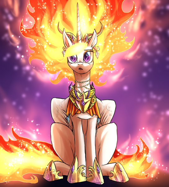 Size: 1728x1905 | Tagged: safe, artist:not-ordinary-pony, derpibooru import, nightmare star, princess celestia, alicorn, pony, derpibooru exclusive, female, glowing mane, image, mane of fire, mare, nightmarified, png, sitting, solo