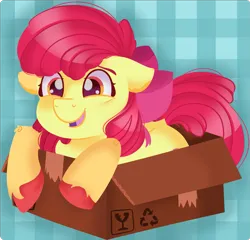 Size: 1233x1183 | Tagged: safe, artist:twittershy, derpibooru import, apple bloom, earth pony, pony, adorabloom, box, cute, female, filly, foal, if i fits i sits, image, open mouth, patterned background, png, pony in a box, solo, unshorn fetlocks