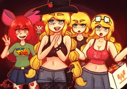 Size: 2077x1466 | Tagged: safe, artist:nightkrisart, derpibooru import, apple bloom, applejack, human, amy rose, apple sisters, bag, belly button, blush sticker, blushing, breasts, busty applejack, chibi, cleavage, clothes, female, glasses, hat, humanized, image, open mouth, open smile, peace sign, png, shirt, shorts, siblings, sisters, skirt, smiling, sonic the hedgehog (series), t-shirt, tanktop, triality, whataburger