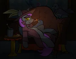 Size: 2371x1826 | Tagged: suggestive, artist:sprontr, derpibooru import, oc, oc:iris, bat pony, bird, pony, raven (bird), alcohol, ashtray, bottle, chair, cigarette, clothes, crossbow, drink, equestrian flag, feathered hat, female, fire, glass, image, lighter, png, table, tattoo, trenchcoat, weapon, wine, wine bottle, wine glass, wingding eyes