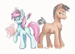 Size: 5970x4249 | Tagged: safe, artist:lightisanasshole, derpibooru import, oc, oc:belle boue, oc:oak wood, earth pony, pony, unicorn, absurd resolution, duo, duo male, image, jpeg, looking back, magic, male, paper, pencil, serious, serious face, simple background, telekinesis, traditional art, watercolor painting