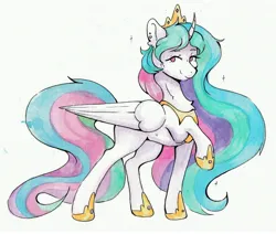 Size: 4847x4110 | Tagged: safe, artist:lightisanasshole, derpibooru import, princess celestia, alicorn, pony, absurd resolution, boots, clothes, crown, curved horn, flowing mane, horn, image, jewelry, jpeg, looking at you, necklace, raised hoof, regalia, shoes, simple background, solo, sparkles, traditional art, watercolor painting