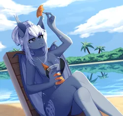 Size: 2539x2402 | Tagged: suggestive, artist:mediasmile666, derpibooru import, oc, oc:raseria frost, unofficial characters only, anthro, bat pony, beach, beach chair, chair, clothes, image, palm tree, png, reflection, solo, swimsuit, tree, water