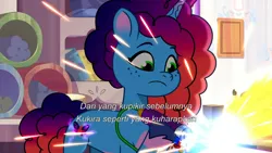 Size: 3072x1727 | Tagged: safe, derpibooru import, screencap, pony, unicorn, g5, my little pony: tell your tale, spoiler:g5, spoiler:my little pony: tell your tale, spoiler:tyts01e58, crystal brighthouse, female, frown, image, jpeg, mare, misty brightdawn, rebirth misty, solo, sparkle school, up (song)