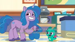 Size: 3072x1727 | Tagged: safe, derpibooru import, screencap, izzy moonbow, sparky sparkeroni, dragon, pony, unicorn, g5, my little pony: tell your tale, spoiler:g5, spoiler:my little pony: tell your tale, spoiler:tyts01e58, baby, baby dragon, duo, duo male and female, female, grin, image, jpeg, male, mare, open mouth, open smile, smiling, sparkle school, up (song)