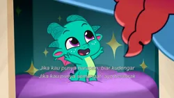 Size: 3072x1727 | Tagged: safe, derpibooru import, screencap, sparky sparkeroni, dragon, pony, unicorn, g5, my little pony: tell your tale, spoiler:g5, spoiler:my little pony: tell your tale, spoiler:tyts01e58, baby, baby dragon, cute, duo, duo male and female, female, image, jpeg, male, mare, misty brightdawn, open mouth, open smile, rebirth misty, smiling, sparkle school, sparkybetes, up (song)