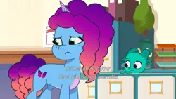 Size: 3072x1727 | Tagged: safe, derpibooru import, screencap, sparky sparkeroni, dragon, pony, unicorn, g5, my little pony: tell your tale, spoiler:g5, spoiler:my little pony: tell your tale, spoiler:tyts01e58, baby, baby dragon, duo, duo male and female, eyebrows, female, frown, image, jpeg, male, mare, misty brightdawn, raised eyebrow, rebirth misty, sparkle school, up (song)