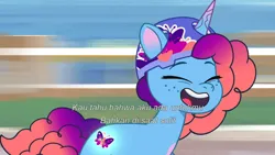 Size: 3072x1727 | Tagged: safe, derpibooru import, screencap, pony, unicorn, g5, my little pony: tell your tale, spoiler:g5, spoiler:my little pony: tell your tale, spoiler:tyts01e58, eyes closed, female, helmet, image, jpeg, mare, misty brightdawn, open mouth, open smile, rebirth misty, skates, smiling, solo, sparkle school, up (song)