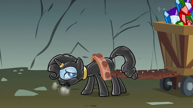 Size: 1920x1080 | Tagged: suggestive, edit, edited screencap, editor:anonymous, screencap, rarity, pony, unicorn, a dog and pony show, season 1, /mlp/ latex requests, blushing, bondage, breath, cart, collar, encasement, female, gas mask, gemstones, horn, horn ring, image, jpeg, latex, latex suit, looking back, magic suppression, mare, mask, ring, sad, side view, solo, solo female, standing, sweat, yoke