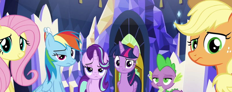 Size: 1422x563 | Tagged: safe, composite screencap, derpibooru import, edit, edited screencap, editor:incredibubbleirishguy, screencap, applejack, fluttershy, rainbow dash, spike, starlight glimmer, twilight sparkle, twilight sparkle (alicorn), alicorn, spice up your life, confused, image, panorama, png, spike is not amused, starlight glimmer is not amused, unamused