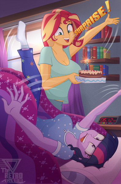 Size: 2030x3081 | Tagged: safe, artist:theretroart88, derpibooru import, sci-twi, sunset shimmer, twilight sparkle, human, equestria girls, alarm clock, bed, bedroom, birthday, birthday cake, birthday surprise, blanket, book, bookshelf, breasts, busty sci-twi, busty sunset shimmer, cake, cleavage, clock, clothes, derp, dialogue, digital art, duo, duo female, emanata, female, food, glasses off, high res, image, motion lines, open mouth, open smile, paint tool sai, pajamas, pillow, png, shirt, signature, smiling, socks, sparkler (firework), startled, surprise party, text, waking up, window