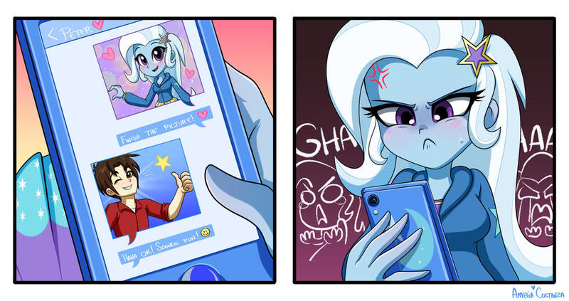 Size: 1024x542 | Tagged: safe, artist:ameliacostanza, derpibooru import, trixie, equestria girls, equestria girls series, blushing, camera, crossover, idiot, image, internal screaming, jpeg, marvel, oblivious, peter parker, phone, spider-man, vein