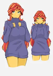 Size: 2896x4096 | Tagged: safe, artist:deeemperor, derpibooru import, sunset shimmer, equestria girls, breasts, busty sunset shimmer, clothes, embarrassed, female, image, jpeg, looking at you, no pants, open mouth, sexy, solo, sweater, turtleneck