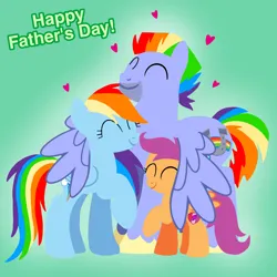 Size: 1400x1400 | Tagged: safe, artist:mlplary6, derpibooru import, bow hothoof, rainbow dash, scootaloo, pegasus, pony, adopted, adopted offspring, adoption, eyes closed, father and child, father and daughter, father's day, female, filly, foal, gradient background, hug, image, male, mare, png, scootalove, siblings, sisters, stallion, text